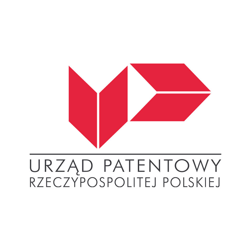 Grafika zawiera logotyp Urzędu Patentowego Rzeczypospolitej Polskiej, czarny napis na białym tle oraz czerwone logo