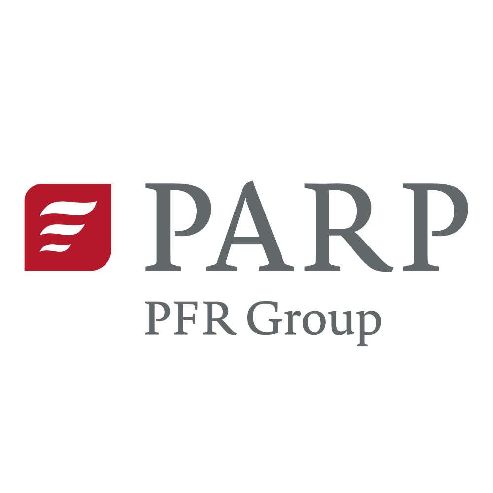 Grafika zawiera logotyp Polskiej Agencji Rozwoju Przedsiębiorczości (PARP) Grupy Polskiego Funduszu Rozwoju (PFR), szary napis na białym tle