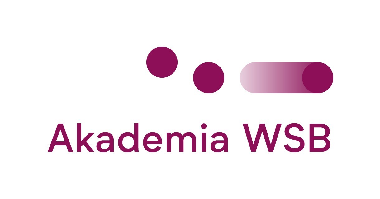 Grafika zawiera logotyp Akademii WSB, różowy napis na białym tle