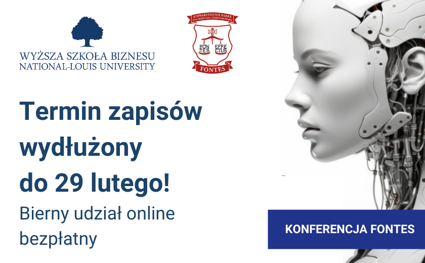 Grafika zawiera zproszenie na konferencję Fontes Wyższej Szkoły Biznesu National Louis University w Nowym